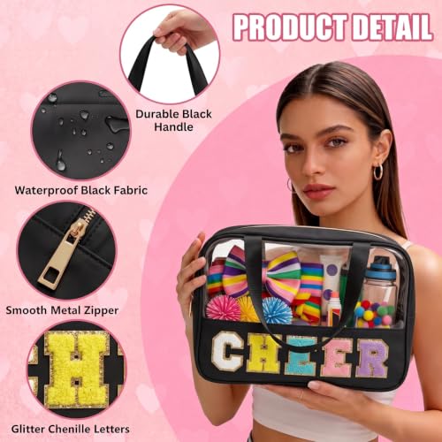 KRYZMET Cheer Makeup Bag Black with Chenille Letter Patch Waterproof Nylon, Travel Organizer for Girls & Women
