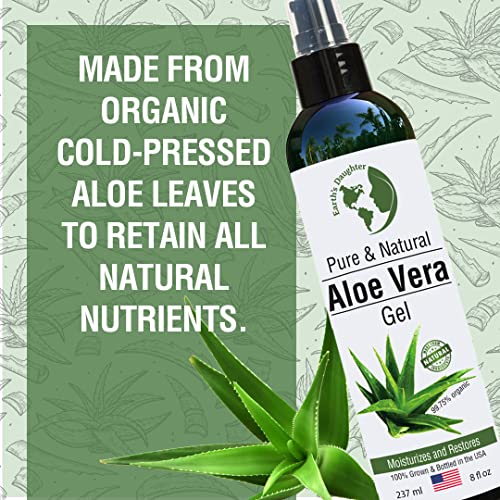 Earth's Daughter Premium Organic Aloe Vera Gel from Fresh Cut 100% Pure Organic Aloe leaves ? TopQuality Fast Absorbing for Face, Skin, Hair & Body ? Vegan, Unscented, Natural - 8 Oz USA Made