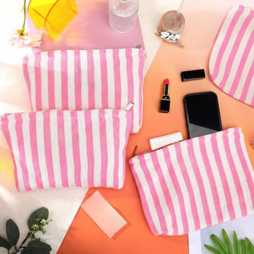 6-Piece Pink Striped Makeup Bag Set - Canvas Travel Toiletry Pouch