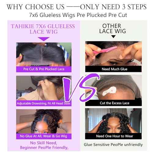 7x6 Burmese Curly Glueless Wigs Human Hair Pre Plucked Pre Cut 250% Density Drawstring Wig Human Hair 7x6 HD Lace Front Wigs Human Hair for Black Women Wear and Go Glueless Wig Natural Color 24inch