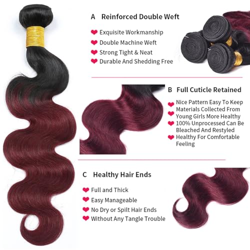 1B99j Human Hair Bundles Ombre Red Body Wave Brazilian Virgin Remy Hair Extensions Two Tone Black and Burgundy 14 16 18 inch 3 Bundles