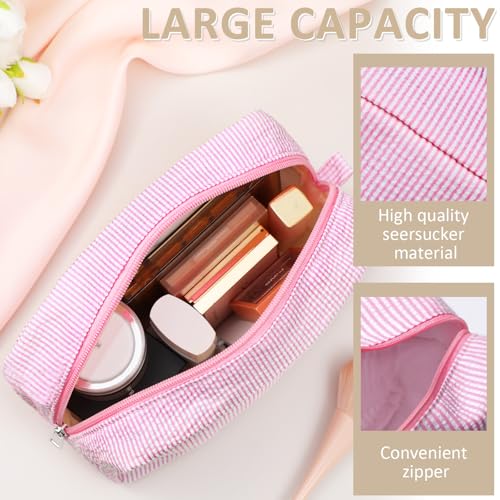 Sanwuta 3 Pcs Seersucker Cosmetic Bag Seersucker Makeup Bag Women Stripe Large Travel Toiletry Organizer Preppy Storage Pouch for Embroidery Christmas Bridesmaid Gifts(Pink, Light Blue, Purple)