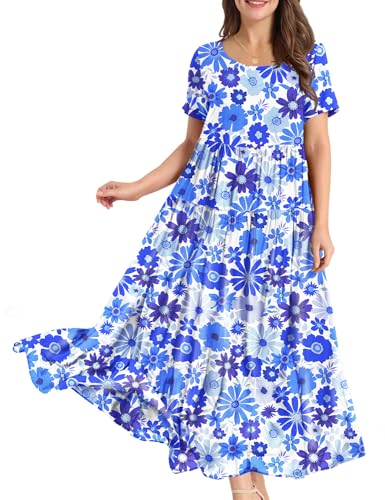 YESNO Women Casual Loose Bohemian Floral Dress with Pockets Short Sleeve Long Maxi Summer Beach Swing Dress S EJF CR417