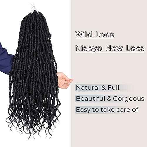 Niseyo Wild Locs 24 Inch Distressed New Faux Locs with Curly Ends 8 Packs Long Soft Pre-looped Goddess Crochet Hair (1B, Natural Black)