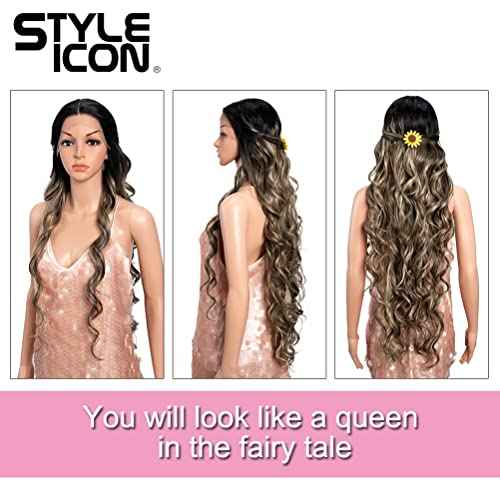 Style Icon 36" Lace Front Wigs Super Long Big Curl Wigs With Baby Hair 130% Density Heat Resistant Fiber Synthetic Wig (36 Inch, TTSA4/10/23B/613C)