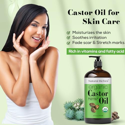 Organic Castor Oil - 100% Pure Cold Pressed in Glass Bottle, 16 oz