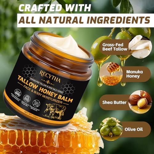 Beef Tallow for Skin, Tallow and Honey Balm, 100% Organic Grass-Fed Beef Tallow Face Moisturizer with Raw Honey & Jojoba Oil, Whipped Tallow Balm for Face Body Deep Nourish Soothe Dry, Sensitive Skin