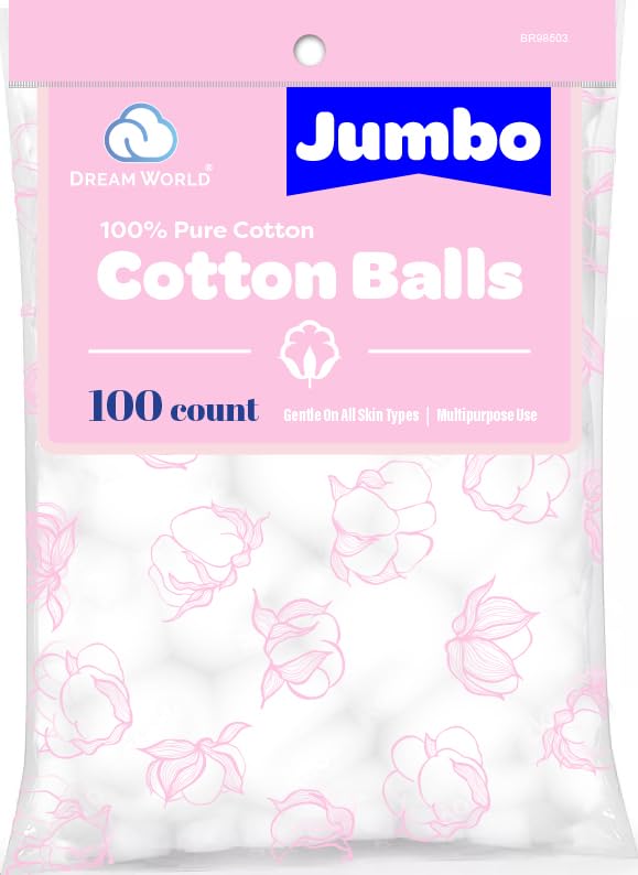 Dream World Jumbo 100% Pure Cotton Balls for Skincare - White, 100 Count
