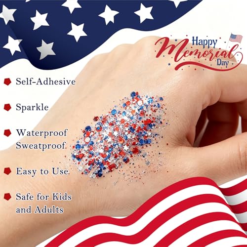 Red White Blue Body Glitter Stick - Waterproof 4th of July