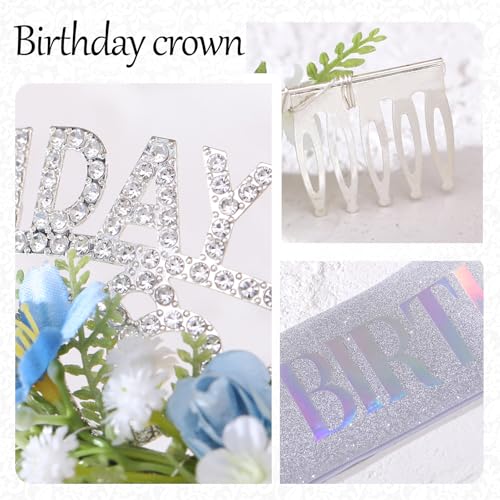 Flower Birthday Queen Crown and Sash Set - Silver Tiara for Celebrations