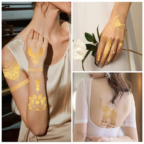 Konsait 9 Sheets Gold Metallic Temporary Tattoos for Women