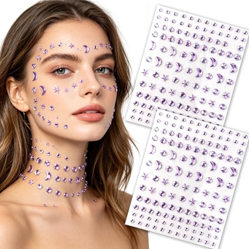 260 Pcs Purple Star Moon Face Gems Stickers Self-Adhesive