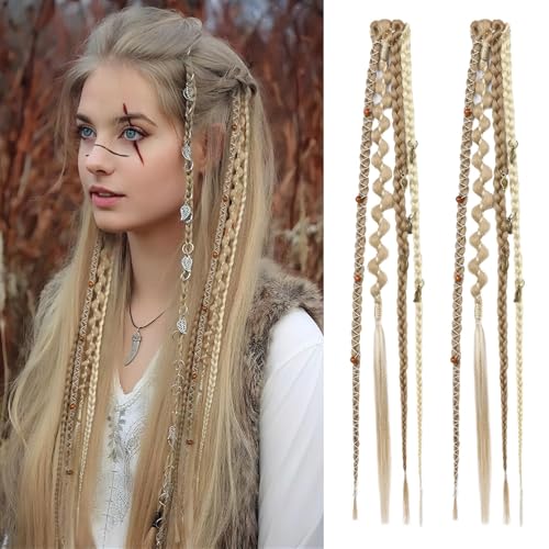 REECHO Clip in Braid Hair Extensions 16 Inch Medium Blonde with Light Blonde Beaded Boho Dreadlock Set, 2PCS