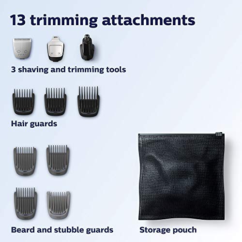 Philips Norelco Multi Groomer All-in-One Trimmer Series 3000-13 Piece Mens Grooming Kit for Beard, Face, Nose, Ear Hair Trimmer and Hair Clipper - NO Blade Oil Needed, MG3740/40
