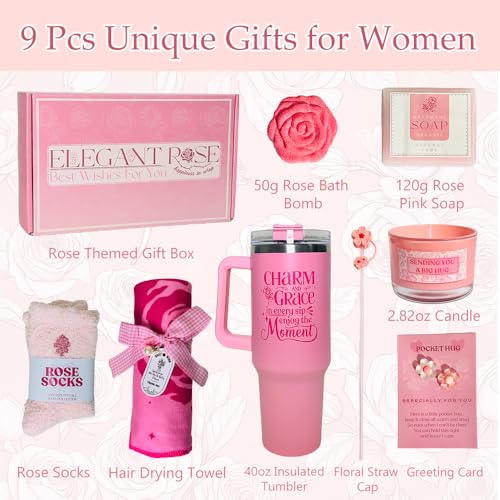 Deluxe Birthday Gift Set for Women, Pink Rose-Themed Gift basket with 40oz Tumbler, Bath Bomb, Soap & More - Perfect Get Well, Thank You & Spa Gifts for Her, Mom, Girlfriend, Wife, Sister