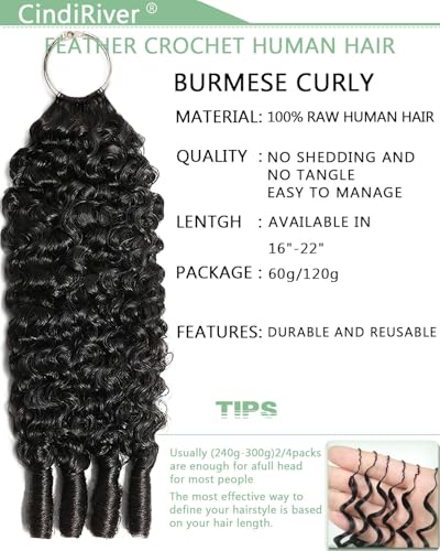 Burmese Curly Crochet Human Hair Extensions - 18 Inch, 60g
