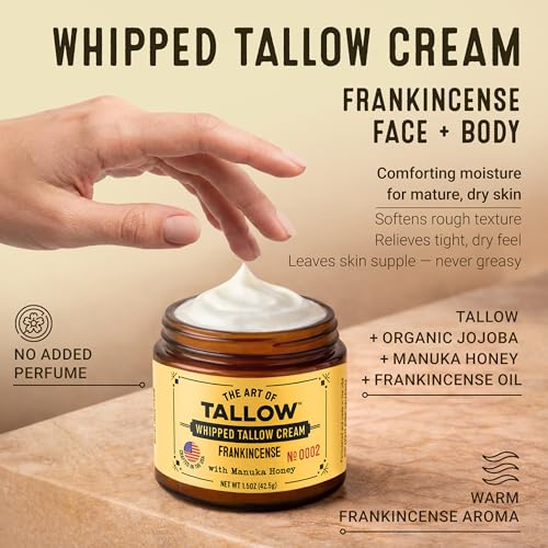 Frankincense Whipped Tallow Cream with Manuka Honey (1.5 oz) | 100% Grass-Fed & Grass-Finished Tallow + Organic Jojoba Oil | Non-Comedogenic Face & Body Balm | Made in USA