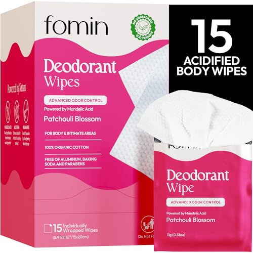 FOMIN Travel Deodorant Wipes - 15 Count, Patchouli Blossom, pH Balanced