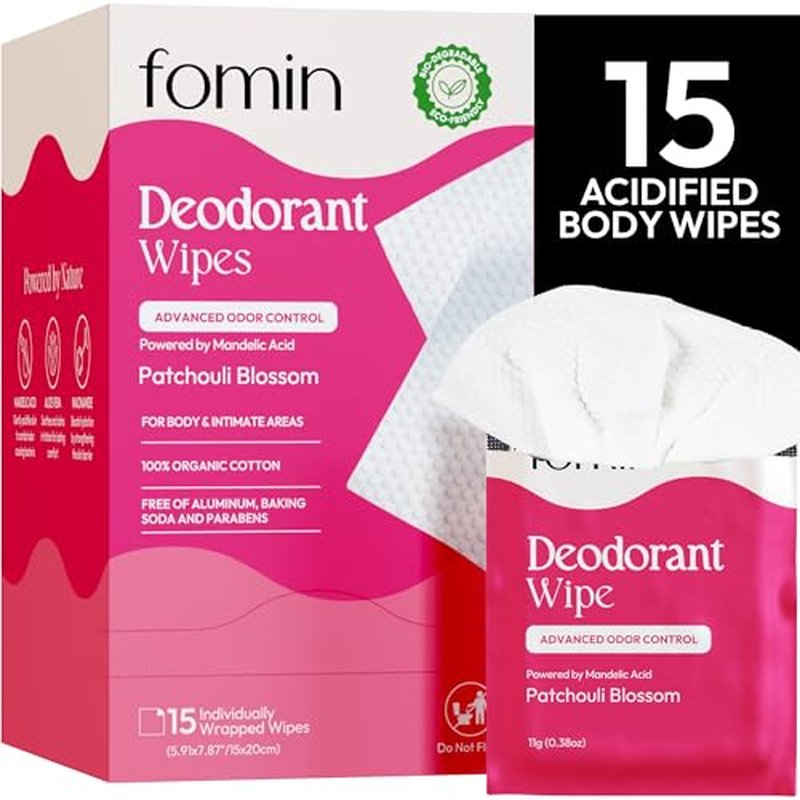 FOMIN Travel Deodorant Wipes - 15 Count, Patchouli Blossom, pH Balanced