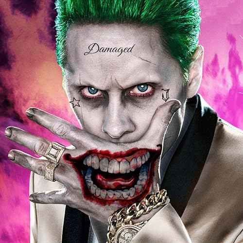 FANRUI 6 Sheets Joker Tattoos Halloween Face Makeup Kit, Temporary Tattoos For Men Women Adults, Smile Face Clown Damaged Tattoo Joker Prisoner Cosplay Costumes And Party Accessories