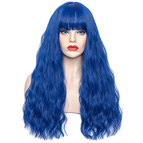 WGPFWIG Women's Blue Wig 22''Long Curly Wavy Wig Shoulder Length Flat Bangs Wig For Women Girl Cosplay Party Halloween Wig Cap Included (22''Blue)