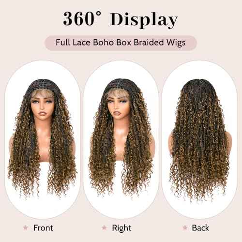 Boho Box Braided Wigs for Black Women Glueless Double Full Lace Human Hair Blended Lightweight Hand Braid Wig with Baby Hair (4-#27, 30 In)
