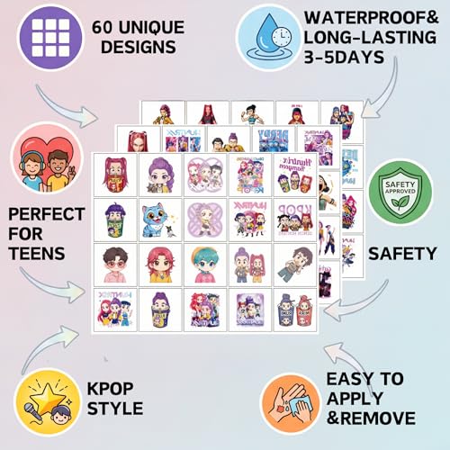60-Piece K-Pop Temporary Tattoos - Waterproof Party Favors & Cosplay