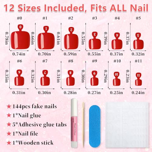 144pc Hot Red Press On Toenails Kit with Glue & Tools