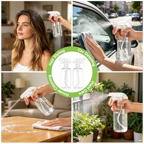 Gungtien Clear 10oz Spray Bottles 2-Pack, 360° Upside-Down Mist for Cleaning & Gardening