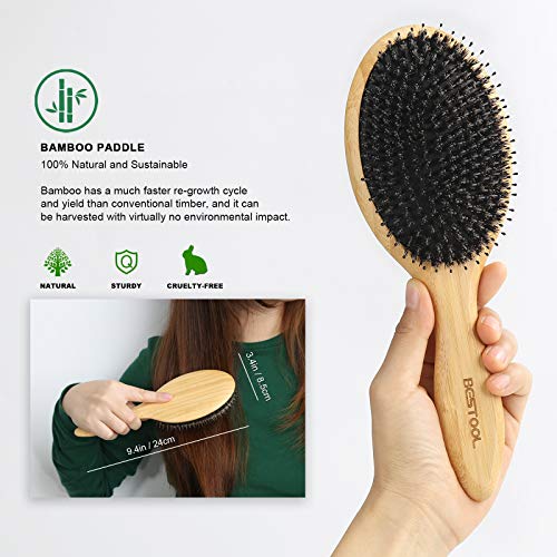 Boar Bristle Hair Brush with Bamboo Paddle & Massage Cushion