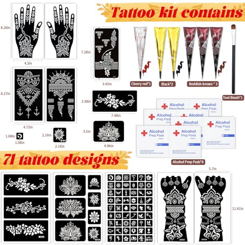 Temporary Tattoo Stencil Kit 10 Sheets (7 Large Hand & Half Arm), 6 Pcs 3 Color Cones (Black/Brown/Cherry Red),Temporary Tattoos for Adults Kids Men Women,DIY Body Art with Stencils
