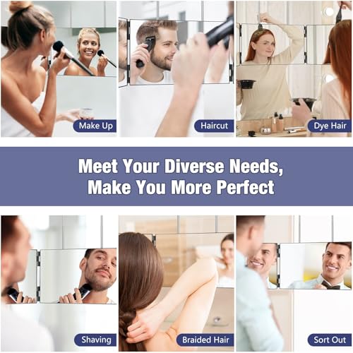 Dripex 3 Way Mirror for Men or Women, 360¡Æ Trifold Self Haircut Mirror with Height Adjustable Hooks, for Makeup, Styling, Shaving, Braiding, Dye Hair (Black Without Led)