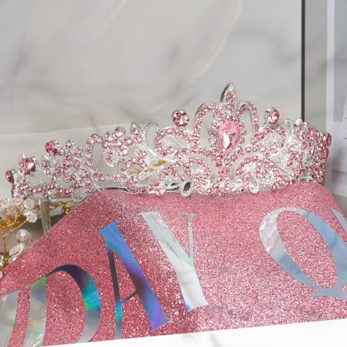 Jukeios Birthday Ensemble: Sash, Tiara, and Pink Crown for Women's Birthday Celebrations