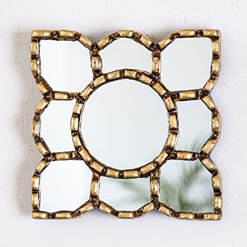Small Gold Mirror Wall Decorative | Square Accent Mirrors for Wall Decor Bedroom Living Room | Diamond Bronze Leaf Wood Wall Mirror from Peru