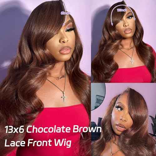 250 Density Body Wave Chocolate Brown Wig, 13x6 Lace Front Wigs Human Hair Pre Plucked, 100% Real Human Hair 4# Brown Wig for Women 26 Inch