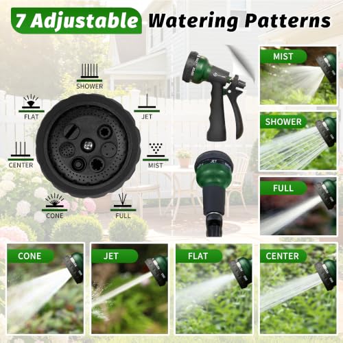 AUTOMAN Garden Hose Nozzle - 7 Adjustable Patterns, Dark Green, Slip-Resistant Grip