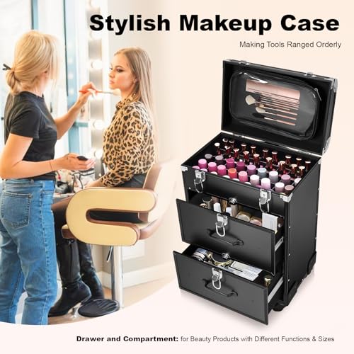 Lockable Rolling Makeup Train Case with 3 Drawers - 110lbs Capacity