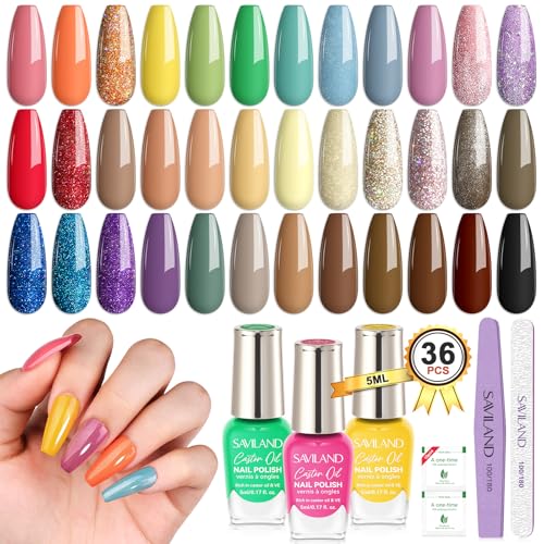 SAVILAND 42PCS Gel Nail Polish Kit: 32 Colors Fall Gel Polish Set Brown Black Glitter Soak Off U V Gel Polish with PH Bond Base Top Matte & Glossy Polish Coat Manicure Kit for Salon Women