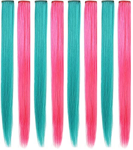 Rhyme Multi-color Hair Extensions for Girls Princess Party Highlight 21 inch Colored Hair Extensions Clip in/on for Girls and Kids Wig Pieces 8PCS (Teal Pink)