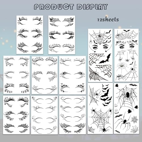 Halloween Face Temporary Tattoos - 12 Sheets Spider Web Skull Bat Eye Makeup