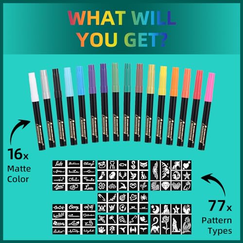 Temporary Tattoo Markers for Skin, 16-Count + 77 Stencils