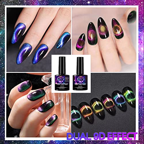 YEPYEPGO 9D Cat Eye Gel Nail Polish, Red and Yellow 9D Cat Eye Gel with Magnet Stick, Black Gel Nail Polish, Professional Magnetic Gel Polish Galaxy Chameleon Effect -BB