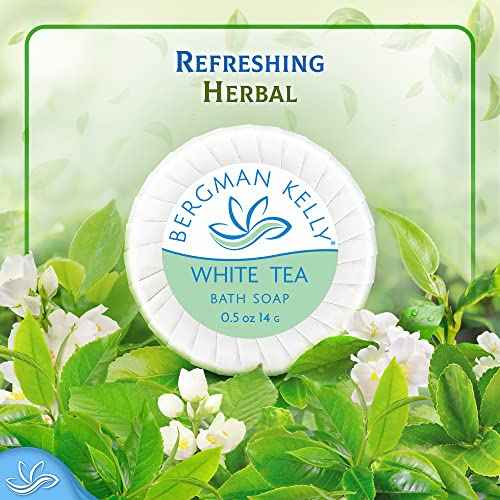 BERGMAN KELLY Round Hotel Soap Bars, Shampoo & Conditioner 3-Piece Set (0.5 oz each, 150 pc, White Tea), Delight Your Guests with Revitalizing & Refreshing Mini Travel Toiletries & Bulk Amenities