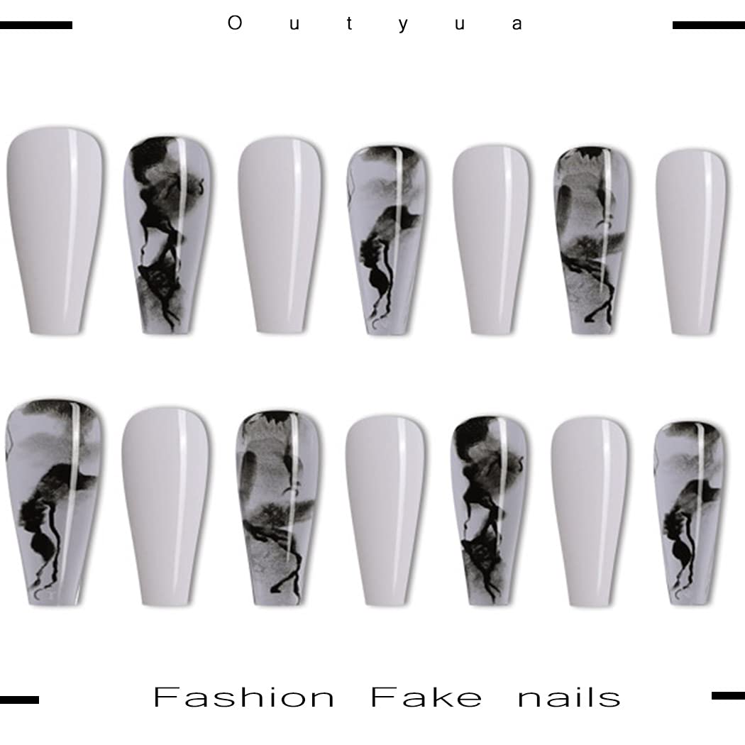 Outyua Glossy Smoke Pattern Fake Nails Coffin Extra Long Press on Nails with Design Ballerina Acrylic Super Long False Nails Designer Full Cover Artificial Nails for Women and Girls 24Pcs (White)