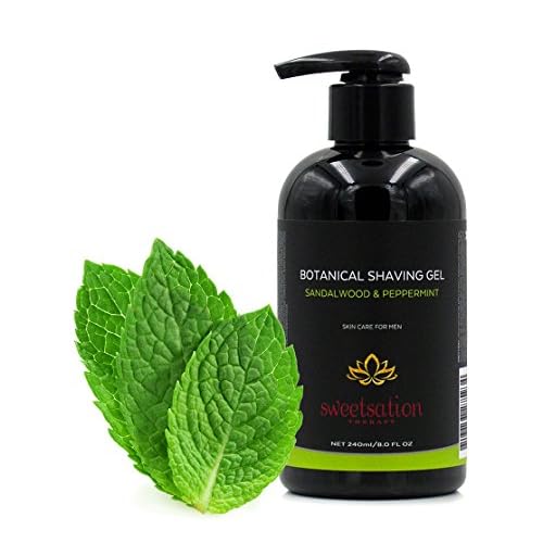 Botanical Shaving Gel, Sandalwood & Peppermint, 8oz All Natural Skin Care. For Smooth Gentle Shave.