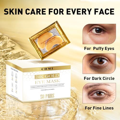 CHMI Under Eye Patches (50 Pairs) - 24K Gold Eye Patches for Puffy Eyes, Dark Circles, EyeBags and Wrinkles, Collagen Skin Care Products, Beauty & Personal Care