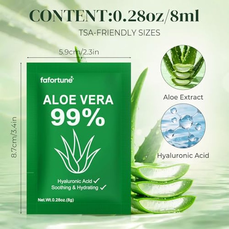 100 Travel Size Aloe Vera Gel Sachets - 99% Pure Organic Hydrating Gel
