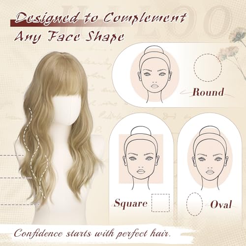 Haloo Blonde Wigs with Bangs - 20 Inch Long Wavy Synthetic Hair Wig for Women, Dirty Blonde