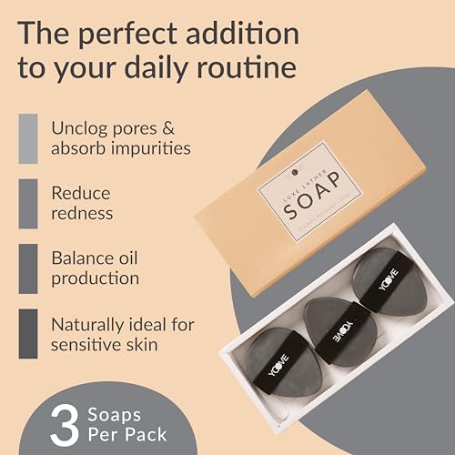 Yoove Bamboo Charcoal Soap with Scrubber, Teardrop Shape and Elastic Grip, Organic Black Soap with Activated Charcoal, Exfoliating Bar for Face and Body, 3-Pack