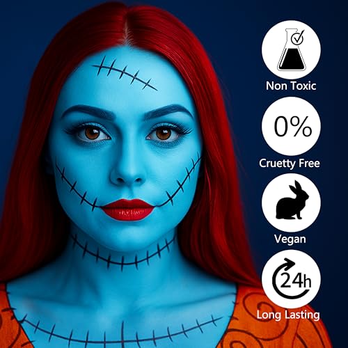 Sally Costume Makeup Kit - Light Blue Face Paint, Red Lipstick & Eyeliner